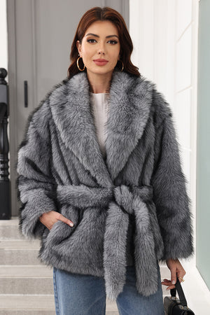 faux fur wrap coat womens belted casual fluffy jacket in gray 1 Alicefurs