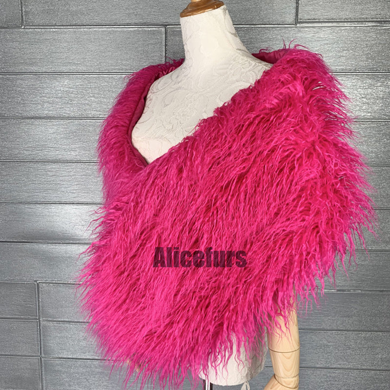 faux fur wrap mongolian lamb fur stole for women in fuchsia 1 Alicefurs