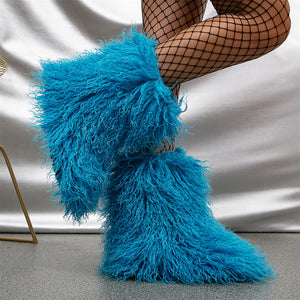 faux lamb fur boots winter curly long hair booties for women in cerulean blue Alicefurs