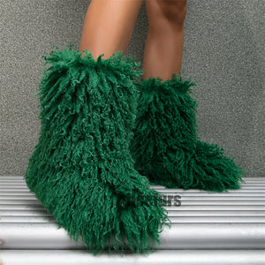 faux lamb fur boots winter curly long hair booties for women in dark green 1 Alicefurs