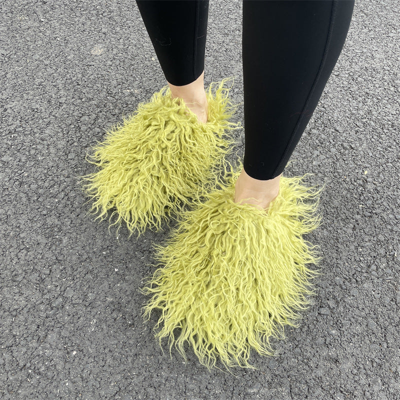 faux lamb fur slippers for women in lime green Alicefurs