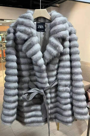 faux mink coat belted mid length fluffy outwear for women in grey Alicefurs
