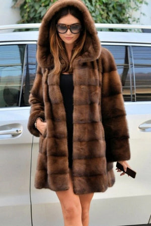 faux mink coat long hooded fuzzy overcoat for women in coffee Alicefurs