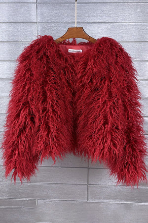 faux mongolian fur jacket womens short shaggy outerwear in burgundy Alicefurs