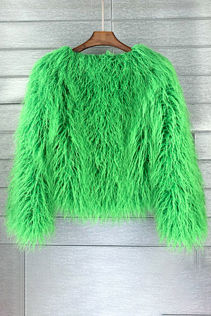 faux mongolian fur jacket womens short shaggy outerwear in green 1 Alicefurs