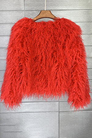 faux mongolian fur jacket womens short shaggy outerwear in red 1 Alicefurs
