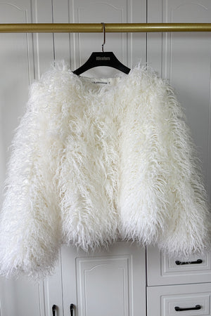 faux mongolian fur jacket womens short shaggy outerwear in white 1 Alicefurs