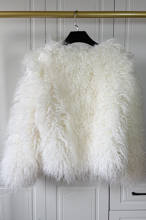 faux mongolian fur jacket womens short shaggy outerwear in white 2 Alicefurs