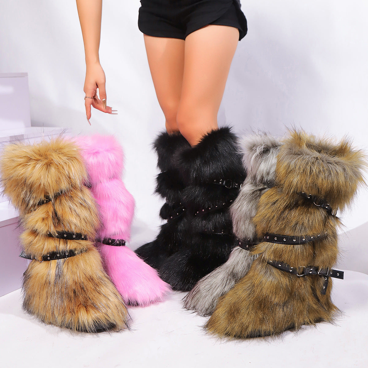 Flat Knee High Fur Boots with Wrap Buckle Straps