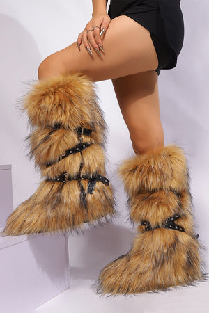 flat knee high fur boots with wrap buckle straps in brown 1 Alicefurs