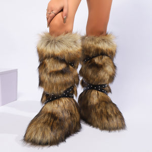 flat knee high fur boots with wrap buckle straps in raccoon brown 5 Alicefurs