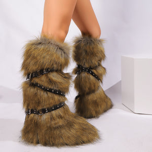 flat knee high fur boots with wrap buckle straps in wild brown Alicefurs