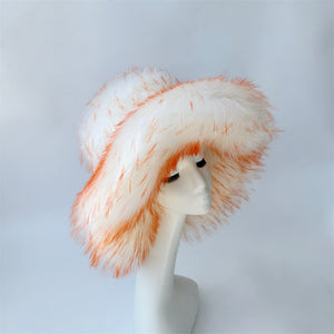 floppy fur bucket hat in wide brim for women in orange white 1 Alicefurs