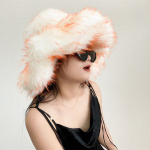 floppy fur bucket hat in wide brim for women in orange white Alicefurs