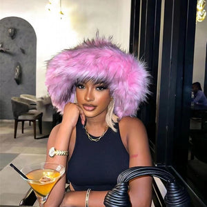 floppy fur bucket hat in wide brim for women in pink 2 Alicefurs