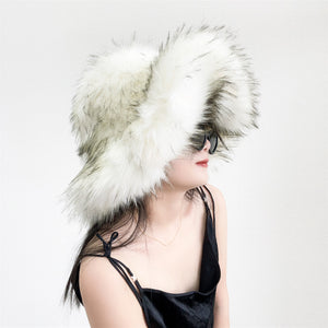 fluffy bucket hat in wide brim for women in blackish white 1 Alicefurs