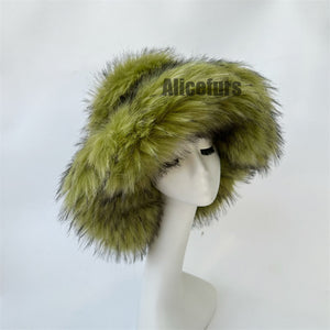 fluffy bucket hat in wide brim for women in olive green Alicefurs