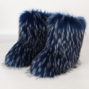 fluffy faux fur boots for women in dark blue Alicefurs