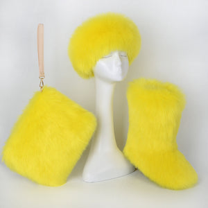 fluffy faux fur boots headband wristlet bag 3 items set in yellow Alicefurs
