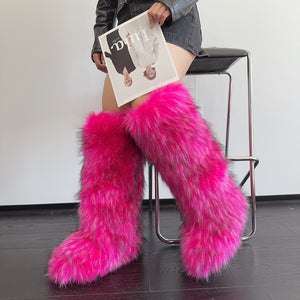 fluffy faux fur boots knee high for women in hot pink Alicefurs