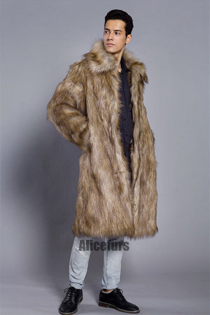 fluffy faux fur coat winter casual long overcoat for men in brown 2 Alicefurs