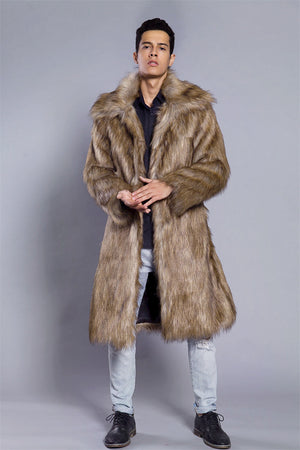 fluffy faux fur coat winter casual long overcoat for men in brown Alicefurs