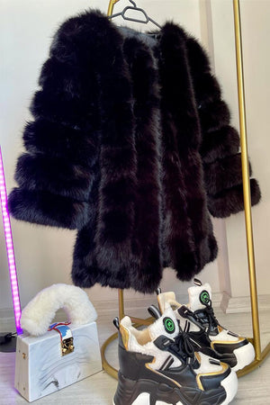 fluffy faux fur coat winter collarless overcoat for women in black Alicefurs