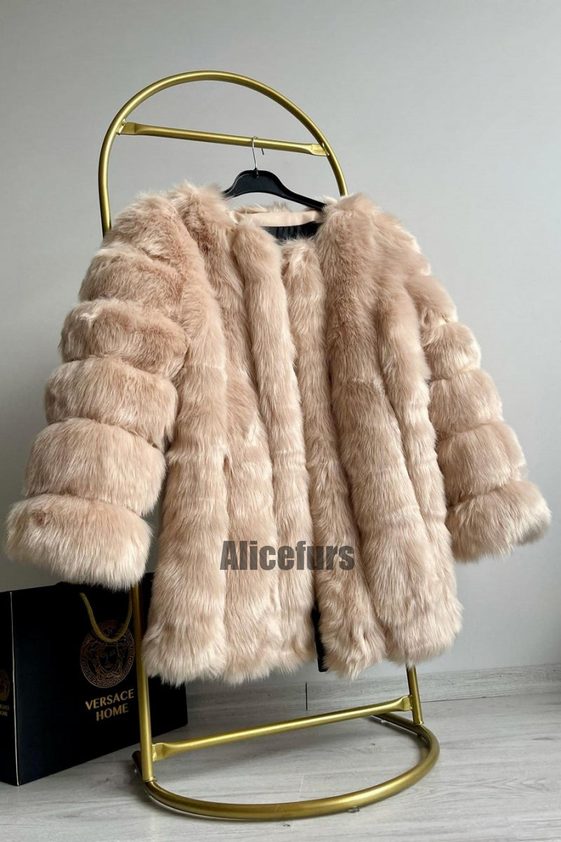 fluffy faux fur coat winter collarless overcoat for women in camel 1 Alicefurs