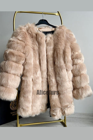 fluffy faux fur coat winter collarless overcoat for women in camel 2 Alicefurs