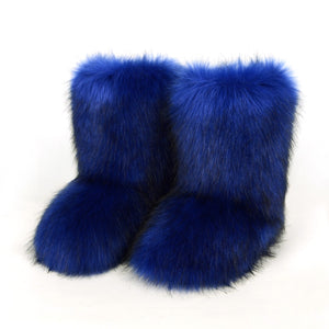 fluffy fur boots winter short booties for women in royal blue Alicefurs