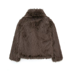 fluffy fur jacket big shawl collar short fuzzy coat for women in chocolate brown 1 Alicefurs