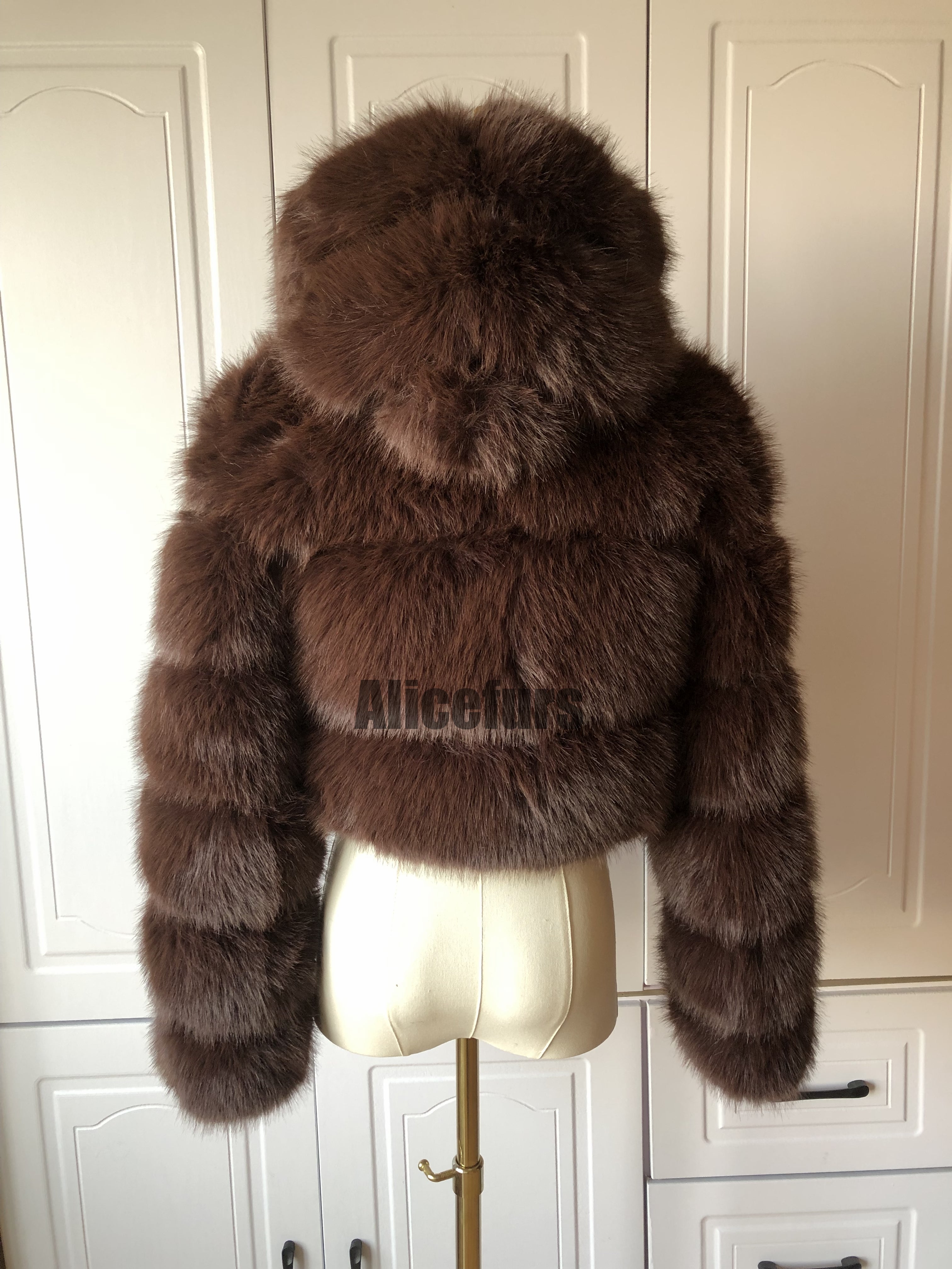 fluffy fur jacket cropped zipper outerwear with hood for women in coffee in coffee 2 Alicefurs