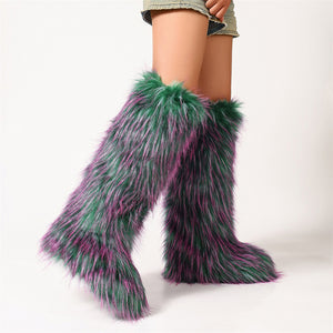 fluffy knee high fur boots for women in fuchsia green 1 Alicefurs