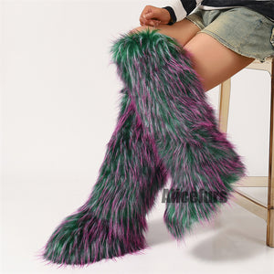 fluffy knee high fur boots for women in fuchsia green 2 Alicefurs