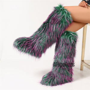 fluffy knee high fur boots for women in fuchsia green 3 Alicefurs