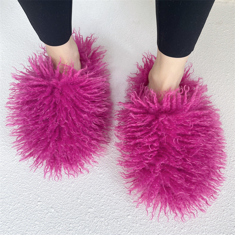 fluffy mongolian fur slippers for women in fuchsia 1 Alicefurs