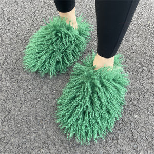 fluffy mongolian fur slippers for women in green Alicefurs