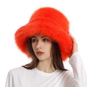 fur bucket hat womens winter fluffy hat in orange 1 Alicefurs