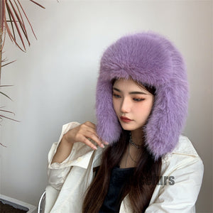 fur trapper hat with ear flaps for women in lavender 1 Alicefurs