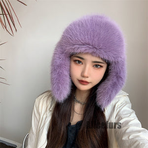 fur trapper hat with ear flaps for women in lavender Alicefurs