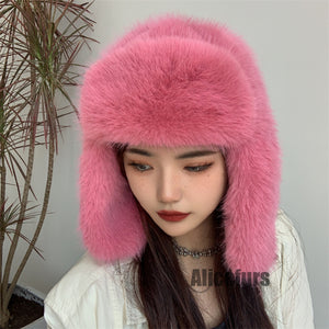 fur trapper hat with ear flaps for women in salmon pink Alicefurs