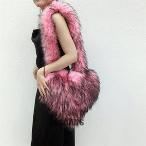 heart shaped fur bag fluffy crossbody purse for women in neon pink 1 Alicefurs