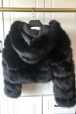 hooded faux fur jackets fluffy cropped outerwear for women in black 4 Alicefurs