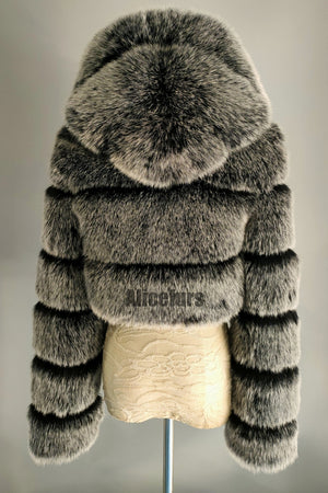hooded faux fur jackets fluffy cropped outerwear for women in dusty gray 2 Alicefurs
