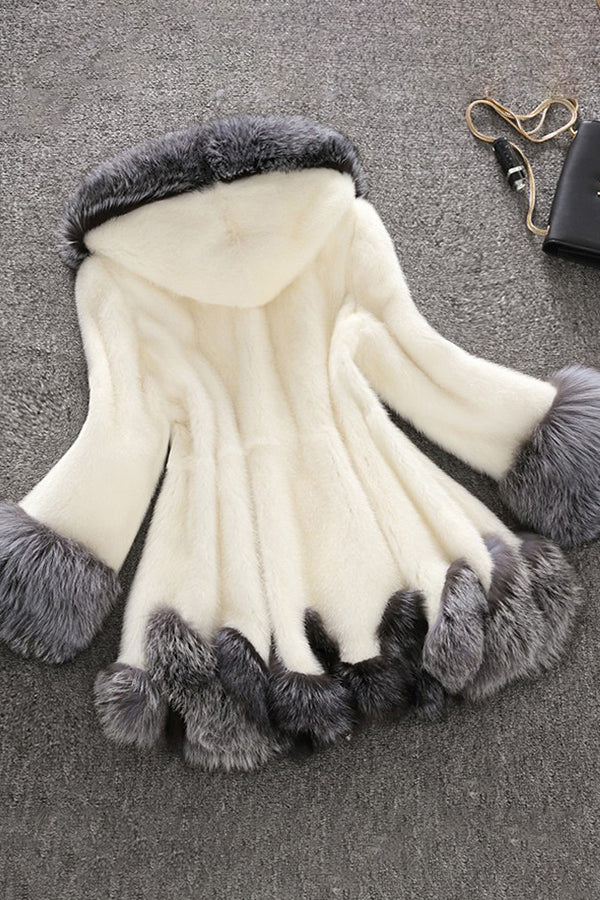 hooded fuzzy coat with faux fur trim womens elegant dress overcoat in ivory 1 Alicefurs