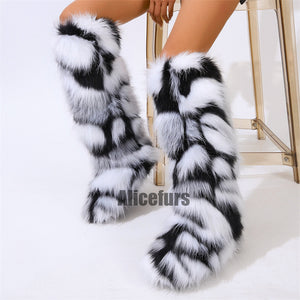 knee high fur boots in black and white for women 1 Alicefurs