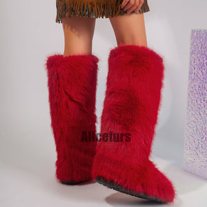 knee high fur covered boots for women in red 4 Alicefurs