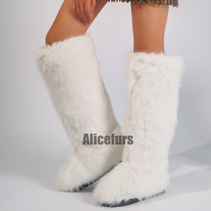 knee high fur covered boots for women in white 2 Alicefurs