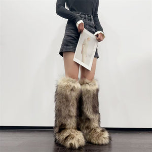 knee high furry boots winter tall fur boots for women in raccoon brown Alicefurs