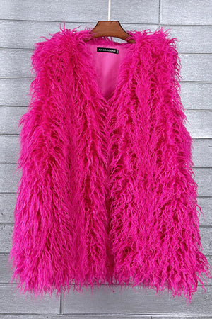 lamb fur vest long shaggy sleeveless jacket for women in fuchsia Alicefurs
